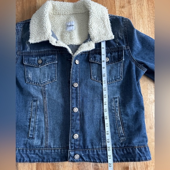 Kensie Jean Sherpa Jacket Distressed Medium Blue Wash Stretch Denim Size Large - Picture 9 of 10